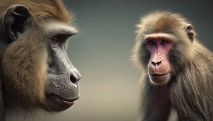  a close up of a monkey and a monkey looking at each other with a sad look on their face on a dark background. - obrazy, fototapety, plakaty