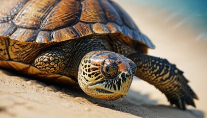 Naklejka premium a close up of a turtle on a beach near a body of water with a blue sky in the background.