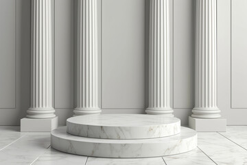 The beautiful white pillars podium in the form of classic Greek, clean and minimalist background. Empty white room with shadows of window.