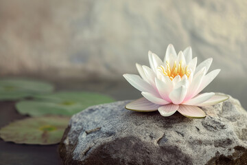 Spa Stones And Waterlily With Fountain In Zen Garden. Detail of lotus flower on a blurred background,