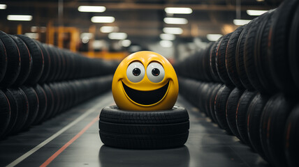 Smiley face on vehicle tires in warehouse, purchasing, maintenance and replacing concept. Generative AI - 754985818