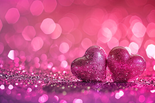 Two Hearts On Pink Glitter In Shiny Background. Two pink glitter hearts with bokeh background.