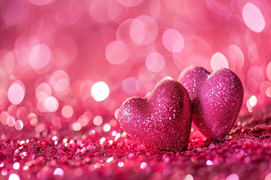 Two hearts on pink glitter in shiny background valentine s day concept. Two pink glitter hearts, pink bokeh. Winter love holiday. Valentine's Day