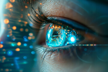 Human eye with using the futuristic technology. The concept of modern life, technology, iris scanner and internet of things