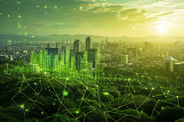 Social media networking systems. Abstract background of green smart futuristic city. Sprawling green community with Digital smart city infrastructure and rapid data network