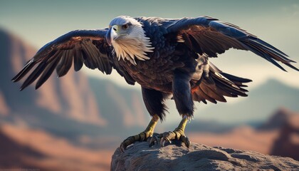  a close up of a bird of prey on top of a rock with mountains in the backgroup. - obrazy, fototapety, plakaty