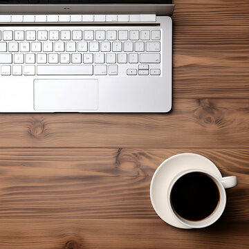 Top view of the desktop, a coffee cup on one side and a white keyboard with mouse next to it, a notebook pen on the desk, a dark wood grain background, in a minimalist style, 1:1.