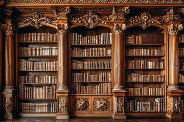 Antique Library with Dark Wood Bookshelves Full of Books. A wall full of Old ancient books of a library, holding many historical books and manuscripts. - obrazy, fototapety, plakaty