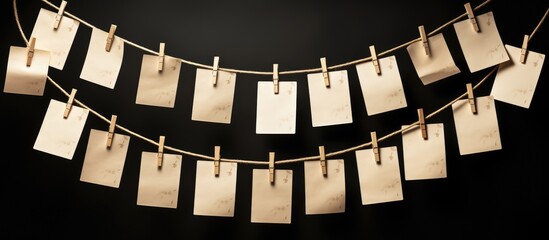 A variety of music sheets are displayed on a clothesline. Each paper represents a different musical...