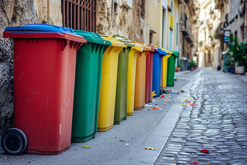 Recycling bins, Colorful plastic trash cans bins are arranged in the garden. Row of municipal green community composting bins Large Colorful plastic trash cans plastic waste bins, close up.