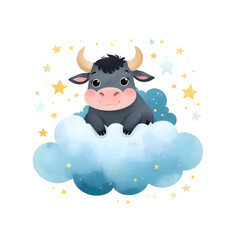 Cute Bull sitting on a Cloud watching stars illustration for kids books