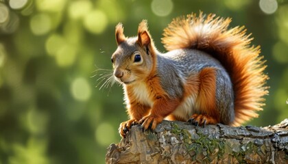  a close up of a squirrel on a tree branch with blurry trees in the back ground and a blurry background.