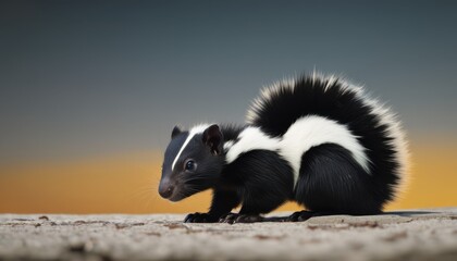  a small black and white animal sitting on top of a sandy ground next to a yellow and gray sky in the background.