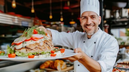 a man in a chef's hat is holding a plate with a large sandwich and a salad on it.