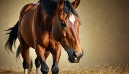  a brown horse standing next to a brown and white horse on top of a dry grass covered field on a sunny day.