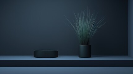 a potted plant sitting on a shelf next to a black container with a green plant on top of it.