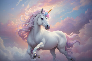 Unicorn in a cotton candy clouds flying In the clouds