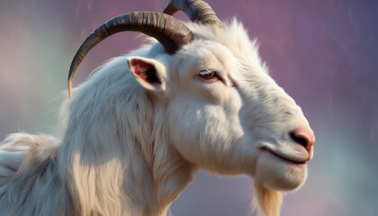  a close up of a goat's head with very long horns and a purple sky in the back ground.
