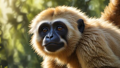 Fototapeta premium a close up of a monkey's face with a blurry background of trees and bushes in the background.