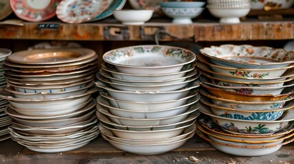 Vintage dishes, pile of old plates