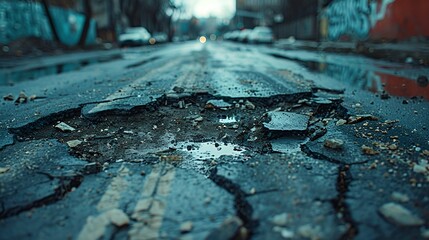 A cracked road with potholes - obrazy, fototapety, plakaty