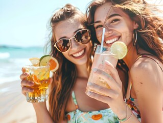 two beautiful young women drinking cocktails on the beach