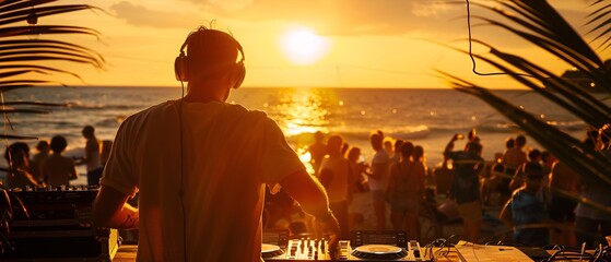  A DJ mixing outdoors during a summer beach party at sunset