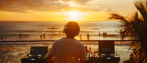  A DJ mixing outdoors during a summer beach party at sunset
