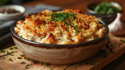 Comfort food macaroni and cheese in a casserole dish on a wooden cutting board