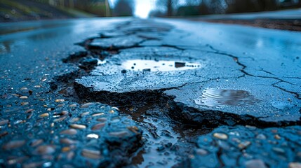 A cracked road with potholes