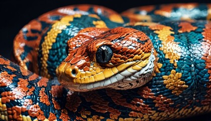 Fototapeta premium a close - up of a colorful snake's head on a black background, with a black eye in the center of the snake's head.