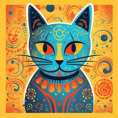 T-shirt print, Geometric patterned blue cat, on an orange background