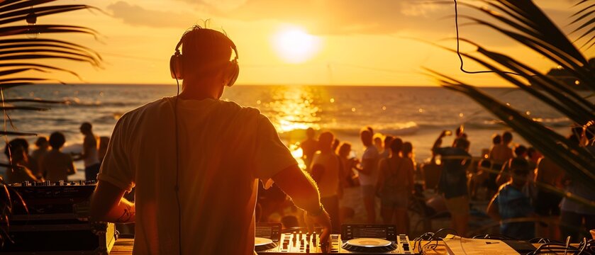  A DJ mixing outdoors during a summer beach party at sunset