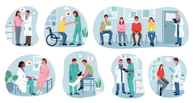 Set of routine hospital plots. Collection of images with therapist, surgeon, male and female nurse treating patient from disease. Concept of medical help. Vector illustration