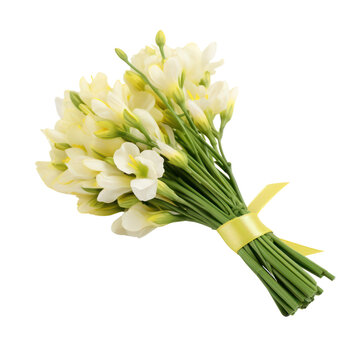 Freesia bouquet, bunch isolated on transparent png.