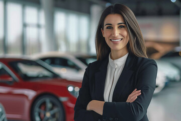Professional businesswoman finalizing a deal in a high-end auto dealership salon, surrounded by expensive cars. Luxury car showroom. Automotive industry.