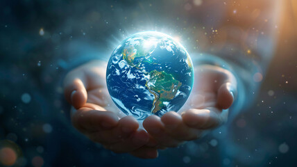 Concept art depicting a pair of hands holding a glowing earth, showcasing the theme of global health and environmental awareness
