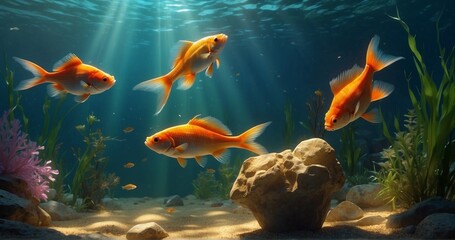 Compose an image where sunlight streams into the fish pot, illuminating the cute little fishes and creating dynamic reflections. Pay attention to the ultra-realistic details of the water-AI Generative