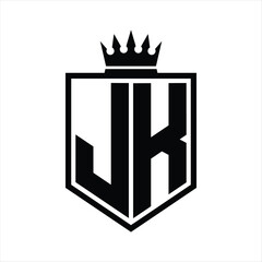 JK Logo monogram bold shield geometric shape with crown outline black and white style design