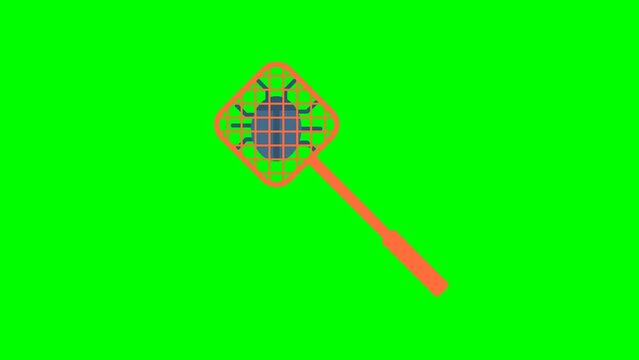 Fly swatter with a dead bug. Kill bugs. Removing malicious applications. Isolated on green screen. Homemade manual equipment to get rid of insects. 2d flat animation. Alpha channel. Chroma key