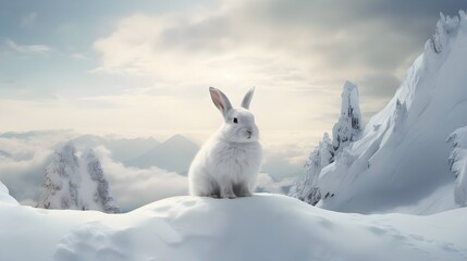 a white rabbit sitting on top of a snow covered hill