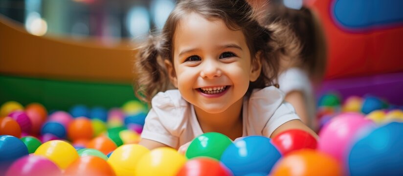 Naklejki A happy toddler is having fun playing in a ball pit, smiling and enjoying leisure time with sports equipment. The child is filled with joy and excitement