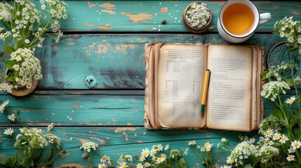 an open book sitting on top of a wooden table next to a cup of tea and a cup of tea.
