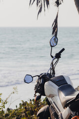 Close-up of a motorcycle against the sea and palm tree