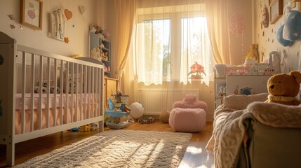 A warm and inviting nursery room bathed in sunlight, featuring a crib, plush toys, and a comfortable, child-friendly environment..