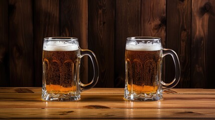 Cold beer with foam in a mug on a wooden table. An empty space for the text. A refreshing summer drink.