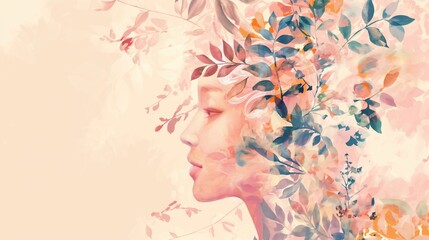 Woman in profile with a lush floral headdress, symbolizing growth, mental health and natural beauty