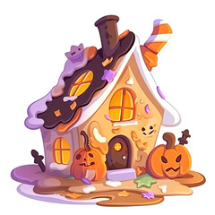 An illustration of a beautiful gingerbread house with Halloween pumpkins