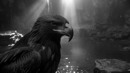 a black and white photo of a bird in front of a waterfall with light coming from the top of its head.