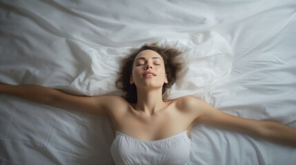Naklejka premium Woman's face during an orgasm in bed. Women's pleasure. A beautiful female with soft skin is enjoying and feels good.